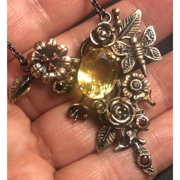3413 Sterling Silver 925 Citrine Garnet butterfly flower necklace 19.7gr 20" - Picture 1 of 3